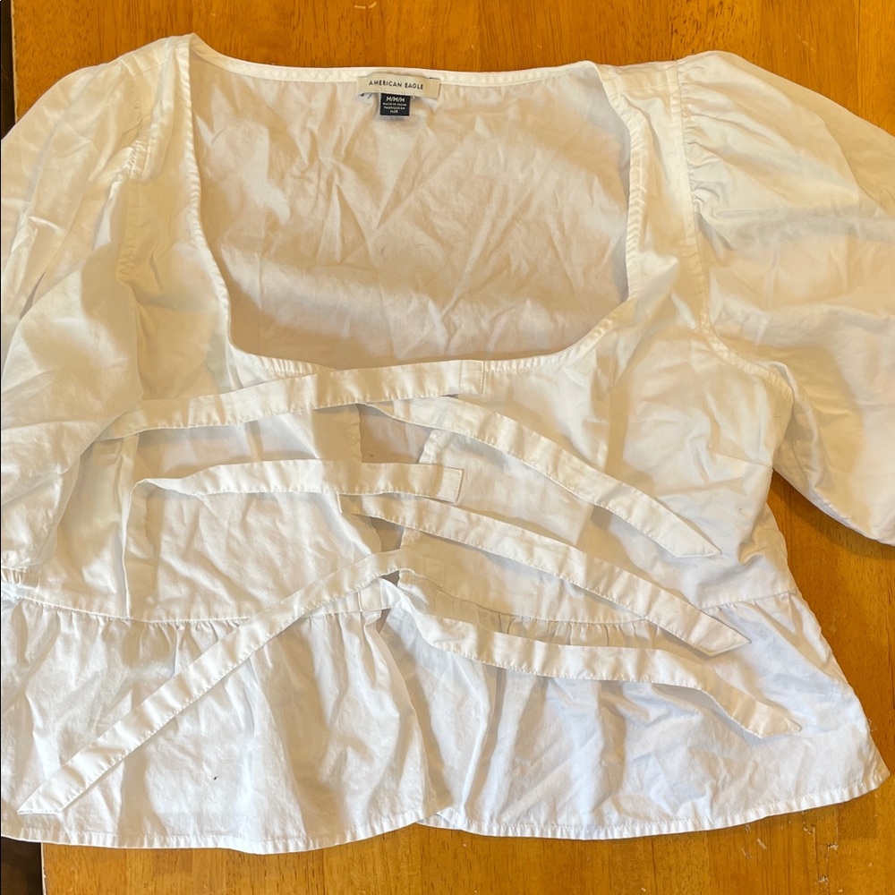 American Eagle White Cut-Out Tie Blouse